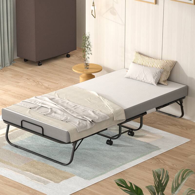 Folding Bed with 5 Inch Memory Foam Mattress, Small Single Bed Extra Guest Bed with Wheel