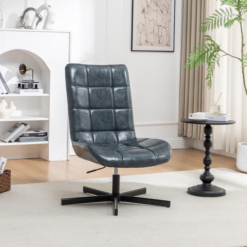 Faux Leather Tufted Swivel Accent Chair, Adjustable Height - Blue