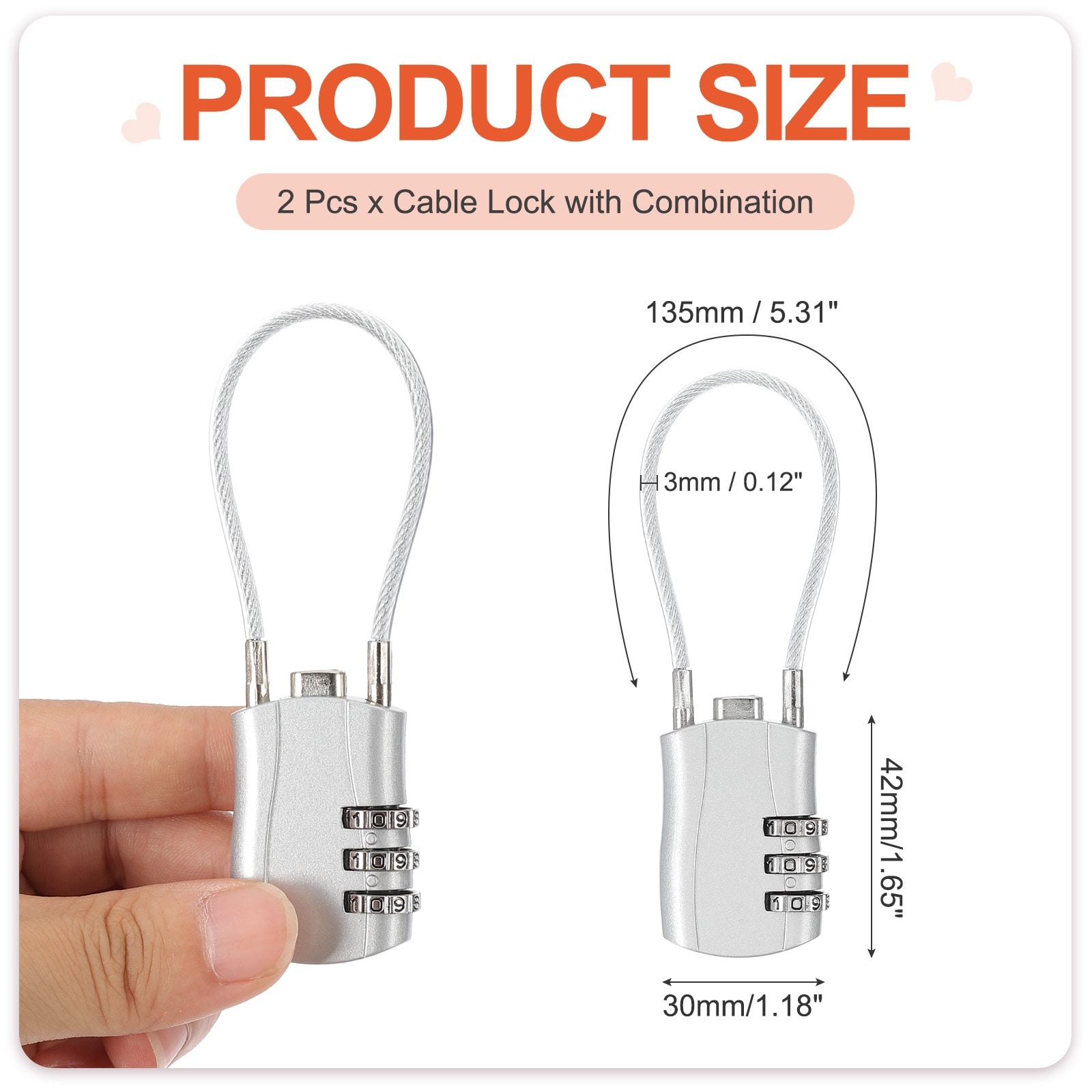 Luggage Travel Lock, Digit Cable Combination Lock Width Body with Long Cable for Suitcase Bag