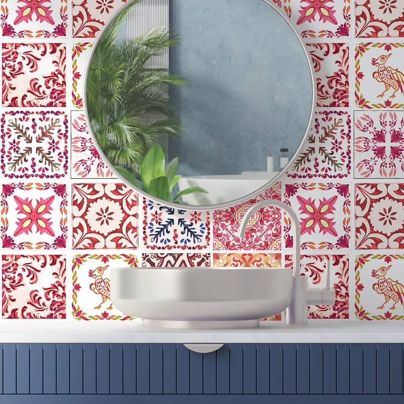 Walplus Tile Stickers Peel and Stick Moroccan Rose Red Mosaic Wall Sticker Decal
