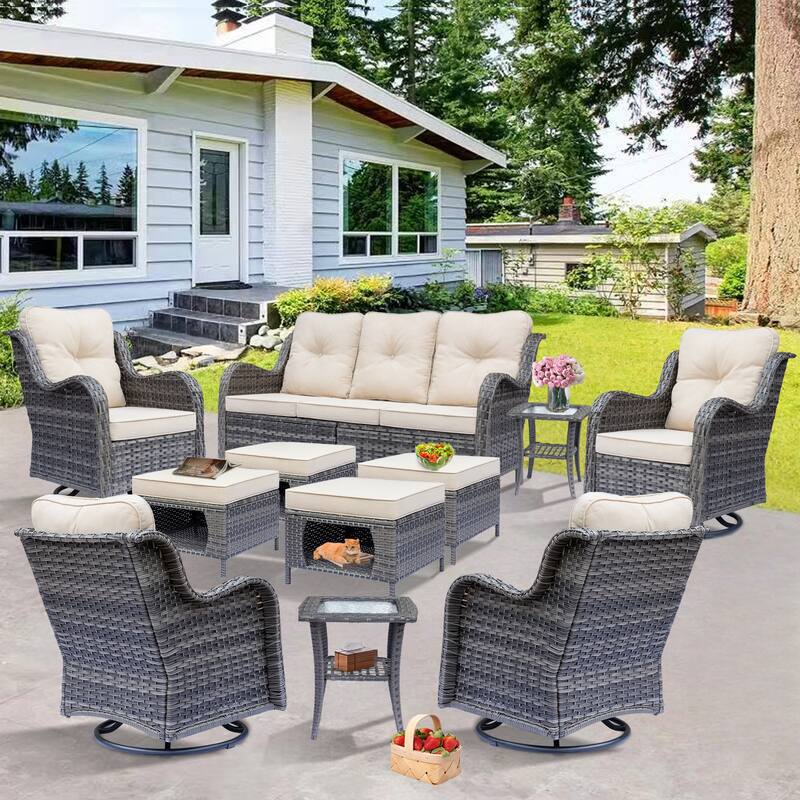 11 Piece Rattan Wicker Outdoor Patio Furniture with Swivel Chairs Set - Beige-Gray Wicker