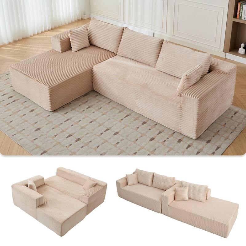 Boneless L-shaped Sectional Sofa with Chaise, Modular Sleeper Sofa Bed Corduroy Compression Deep Seat Sectional Couch