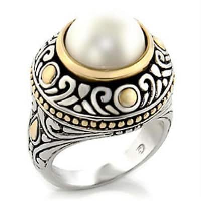 White Synthetic Pearl Cocktail Brass Ring with Reverse Two-Tone Finish