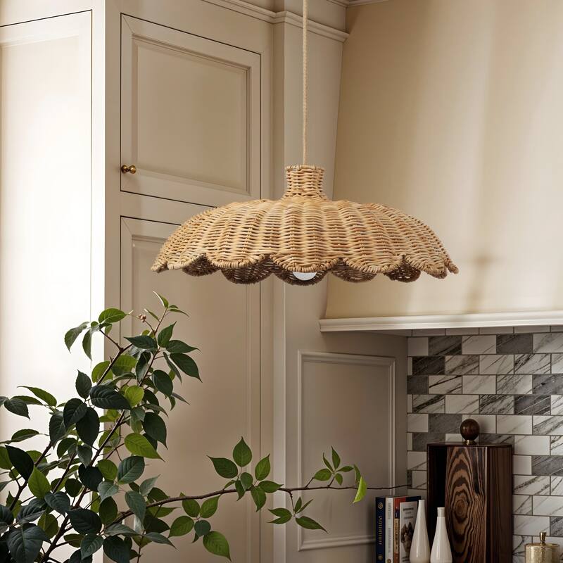 Aurelia Rattan Pendant Light - Natural Hardwired Light Fixture for Kitchen Island or Dining Room in Boho or Coastal Style