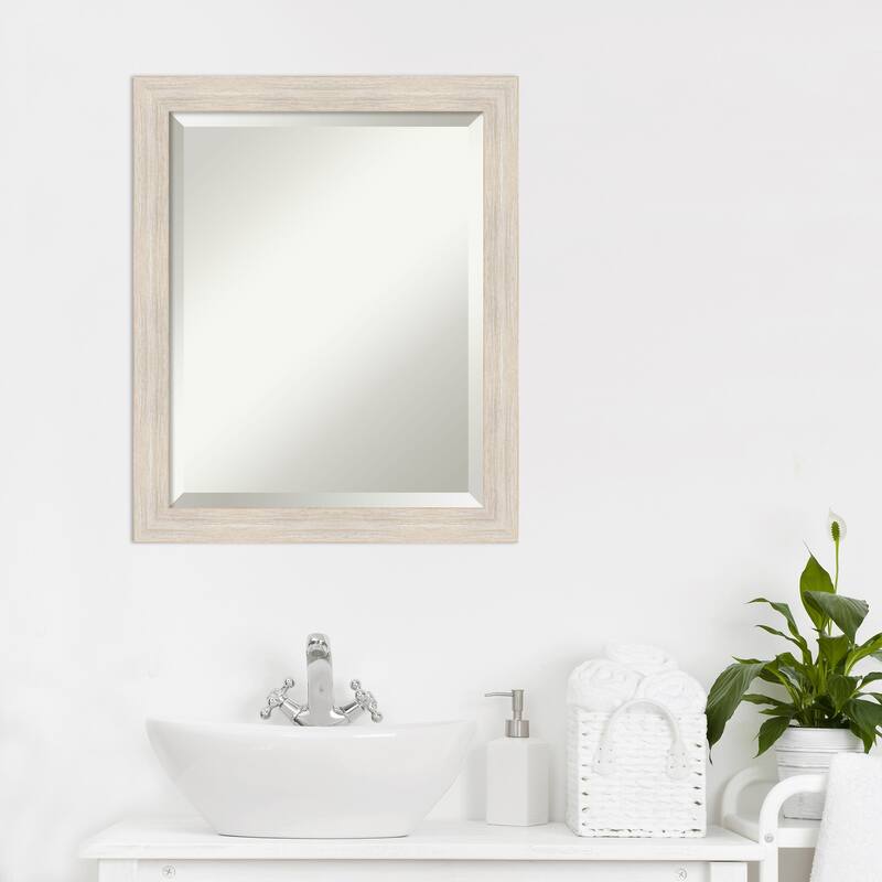 Beveled Wood Bathroom Wall Mirror - Hardwood Whitewash Narrow Frame - Hardwood White Wash Narrow