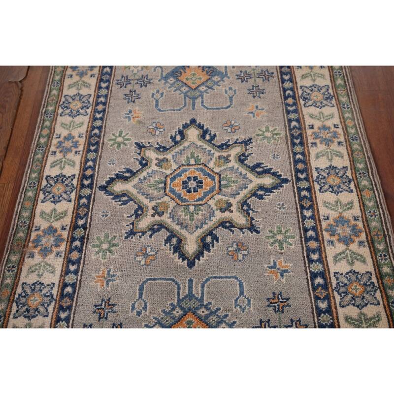 Geometric Kazak Foyer Rug Handmade Grey Wool Carpet - 2'9" x 4'0"
