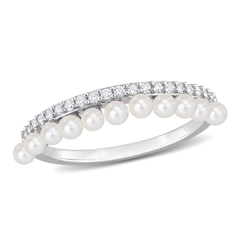 Miadora White Cultured Freshwater Pearl and 1/6ct TDW Diamond Eternity Ring in 14k White Gold