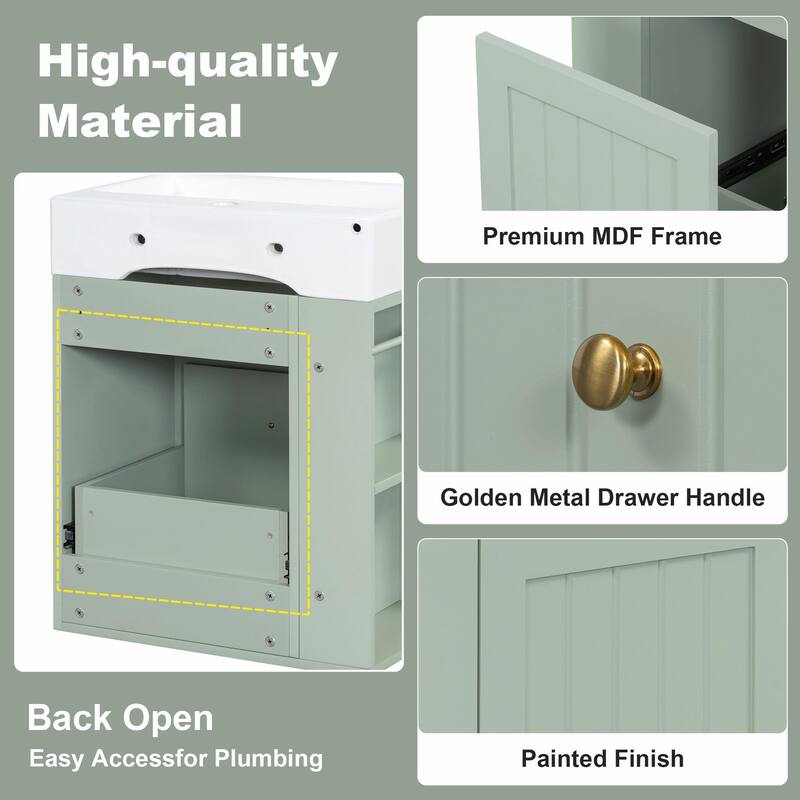 20-Inch Bathroom Vanity with Ceramic Sink - MDF Storage Cabinet with Drawer, Side Shelf and Silver Handle
