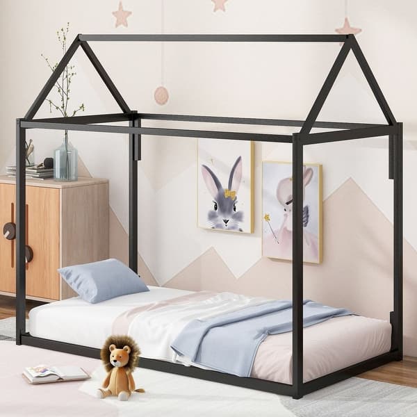 slide 2 of 18, Metal Twin Size House Shape Platform Bed Black