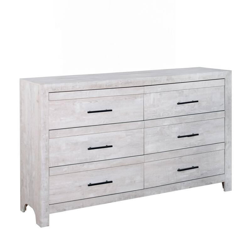 Bisca 63 Inch Wide Dresser, 6 Drawers, Black Handles, Light Gray Wood