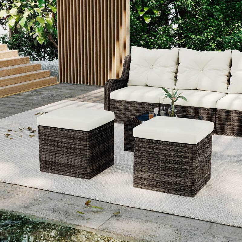 Outdoor Patio PE Wicker Ottoman with Cushion Set of 2