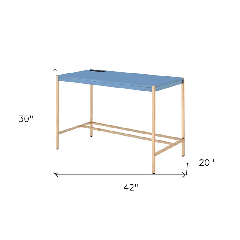 Wood Writing Desk with Gold Metal Base and Built In USB Port