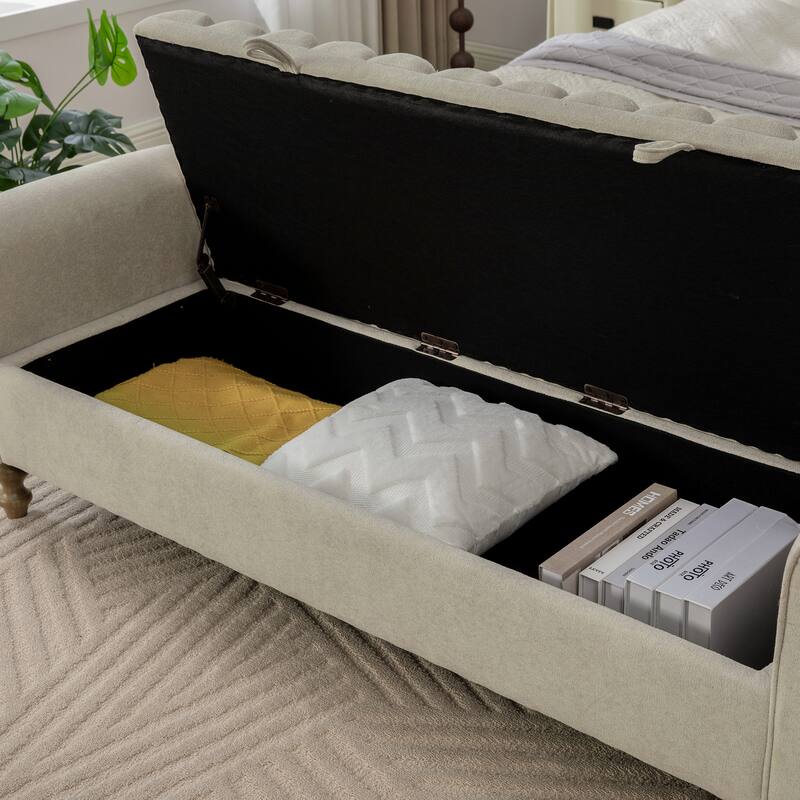 odern Upholstered Storage Bench , Napped fabric Bed End Foot Stool With Rolled Armrest