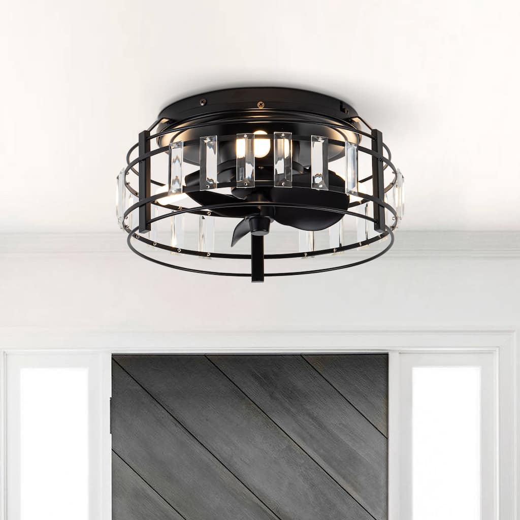 13-inch Matte Black Industrial Bladeless Fandelier Flush Mount Ceiling Fan with Remote