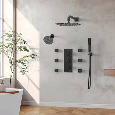 Thermostatic Dual Shower System 12" and 6" Rainfall Shower Head with 6 Body Jets & Handheld Shower