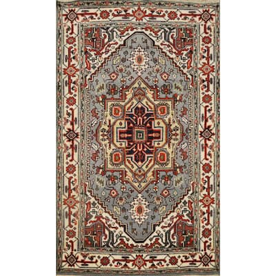 Hand Knotted Oriental 100% Wool Carpet Traditional Medallion Greys & Charcoal Heriz (serapi) Area Rug - 6' 1'' X 4' 1''