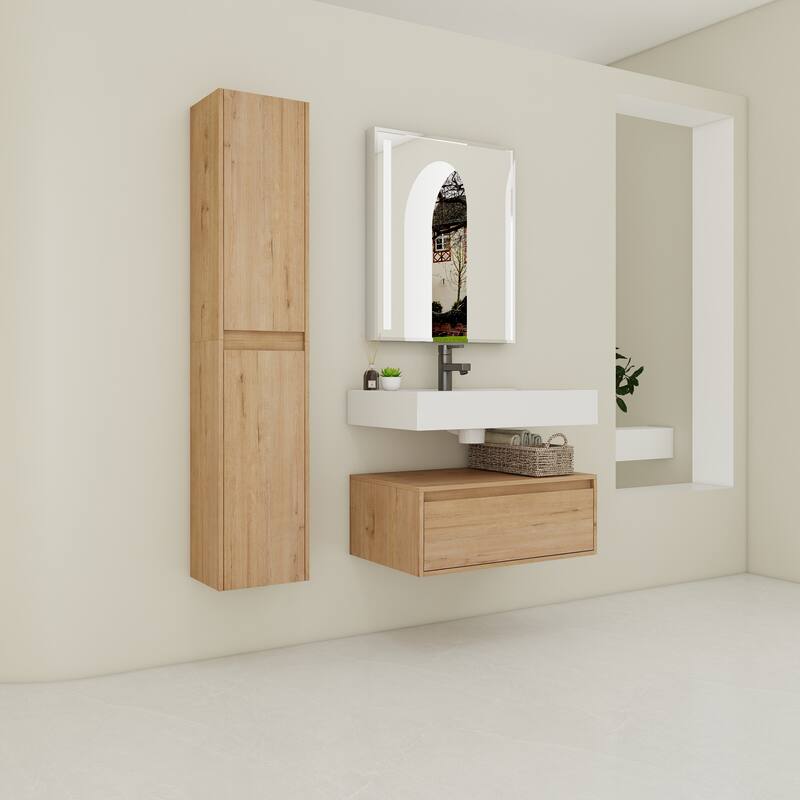 30" Wall-Mounted Bathroom Vanity with Resin Sink, Soft-Close Drawer & Adjustable Side Cabinets, Easy Assembly