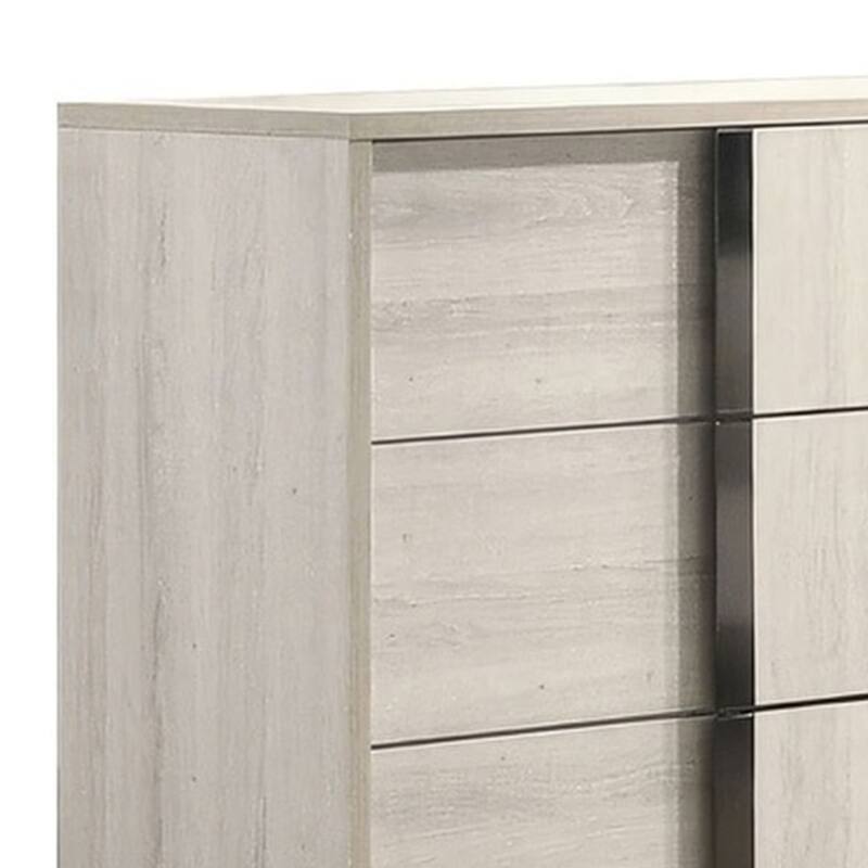 Hyao Wide Dresser, 6 Drawers w Chrome Handles, White Wash Veneer