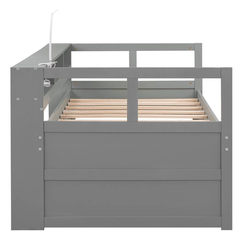 Roomfitters Twin XL Daybed with Dual Trundles, USB Charging Ports and Three Built-In Storage Cubbies, Gray