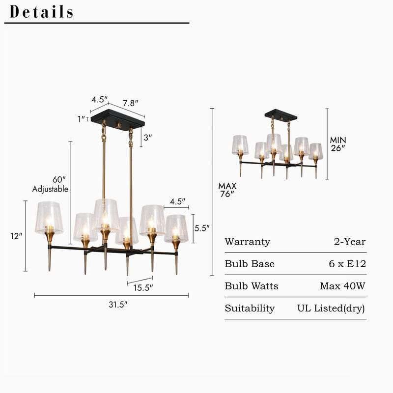 Mid-Century Modern 6-Light Black Gold Linear Chandelier Glass Island Lights for Dining Room