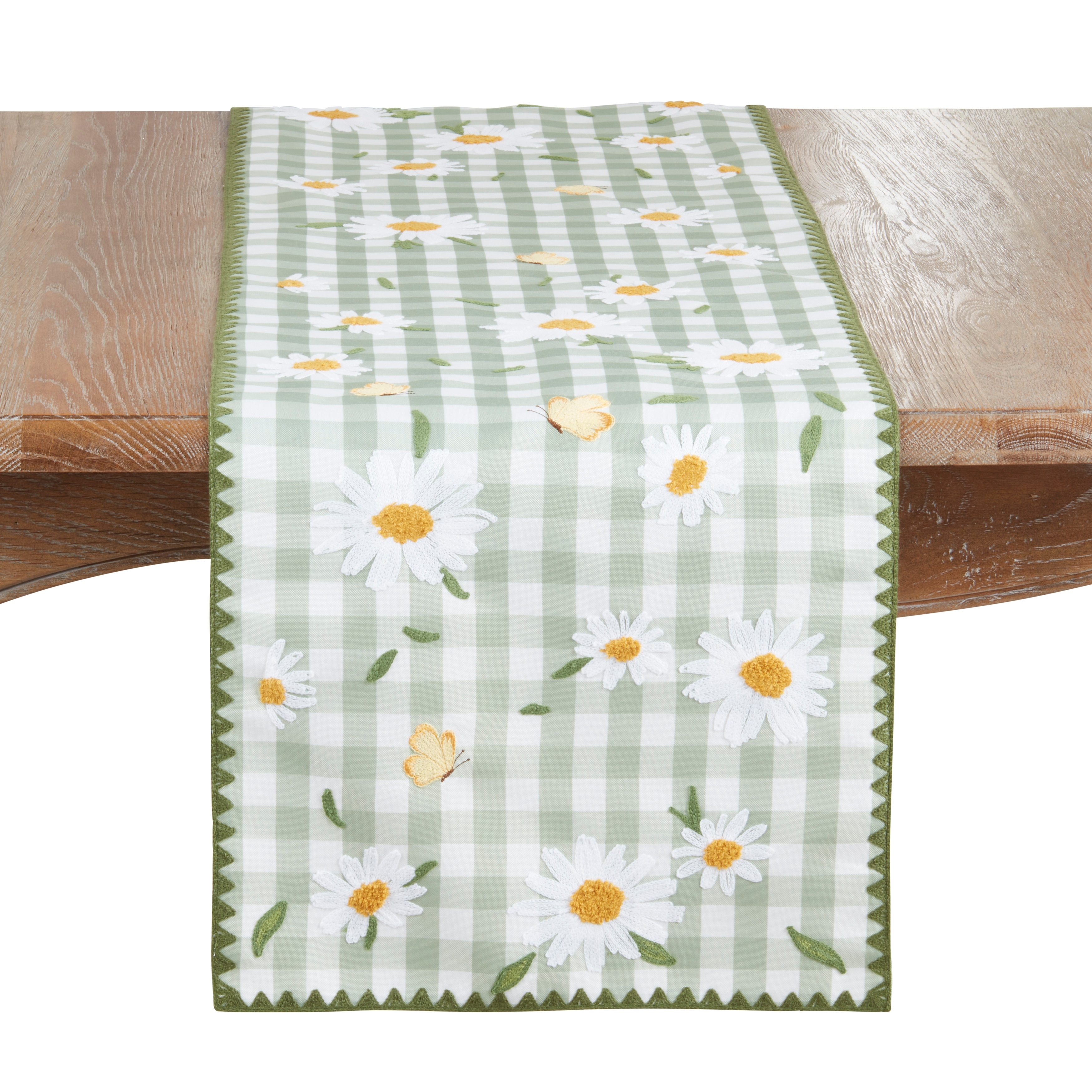 Embroidered Gingham Daisy Table Runner - Floral Non-Reversible Table Runner for Dining Table, 16"x70"