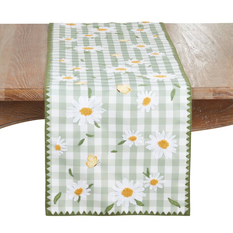 Embroidered Gingham Daisy Table Runner - Floral Non-Reversible Table Runner for Dining Table, 16"x70" - 16"x70" - Green