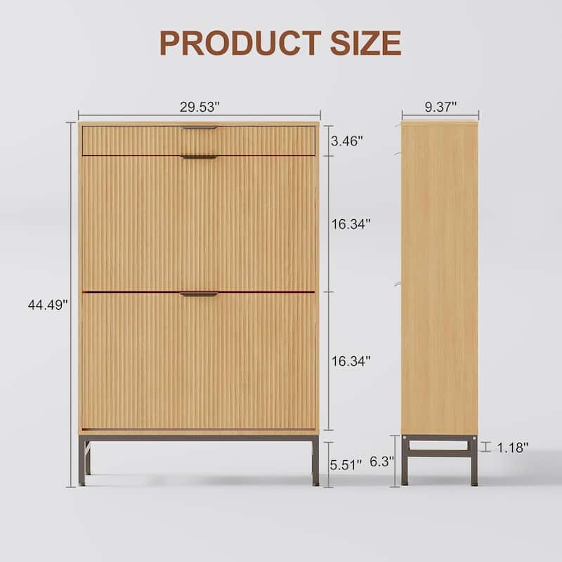Fluted Shoe Storage Cabinet, Narrow Shoe Organizer with 2 Flip Drawers