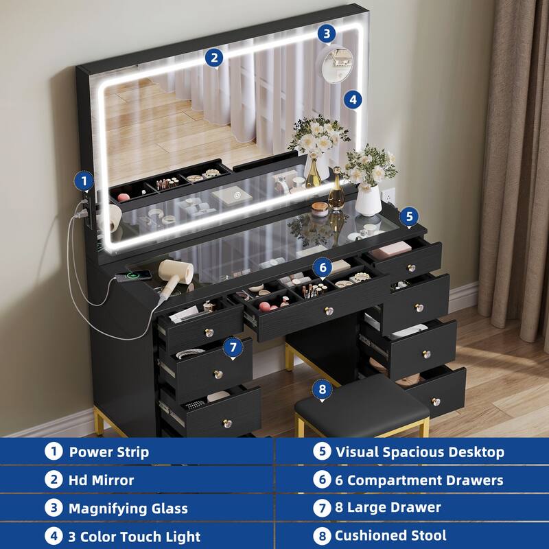 Moasis 45.2'' Vanity Desk Set with LED Lights Mirror & Charging Station