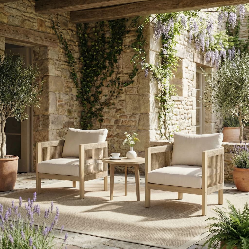 3-Piece Outdoor Conversation Set Rope-Woven Arm Chair Solid Acacia Wood with Coffee Table
