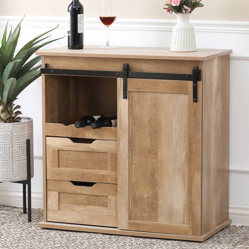 Natural Oak Finish Manufactured Wood Wine and Storage Cabinet