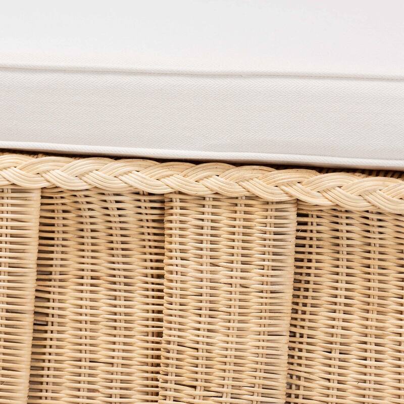 Rotem Natural Rattan Ottoman with Cushion - Handwoven Wicker Pleated Skirt Accent Coffee Table or Extra Seating for Living Room