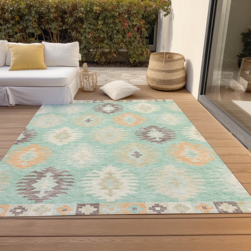 Machine Washable Indoor/ Outdoor Boho Tribal Chantille Rug - Mint - 3' x 5'
