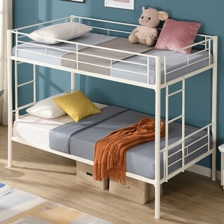 Elegant Twin Over Twin Bunk Bed, Metal Structure Bedframe with Safety Guardrails, 2 ladders and Space Saving Design, White