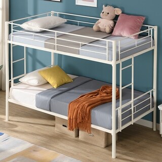 White Twin over Twin Metal Bunk Bed with Safety Guardrails and Two Ladders