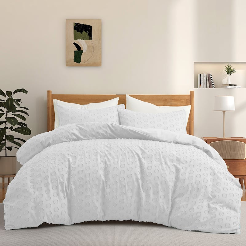 3 Piece Tufted Clipped Jacquard Geometric Oversized Duvet Cover Set - Full - Queen - Circle/White
