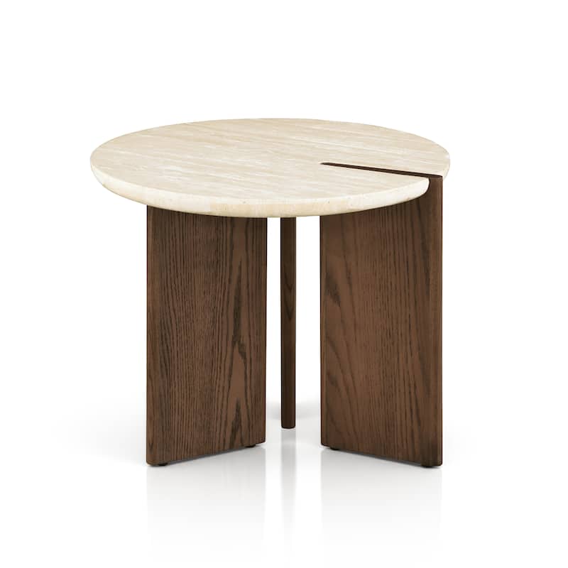 Furniture of America Elrik Modern Genuine Travertine Top 2-Piece Round End Table Set