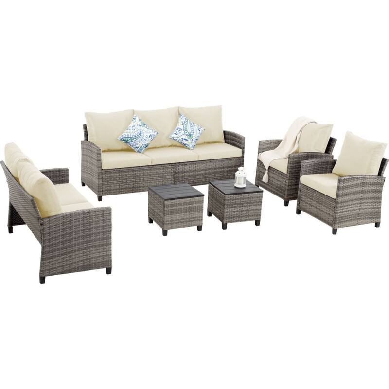 6pcs Wicker Patio Conversation Set Seating Loveseat Sofa with Ottomans