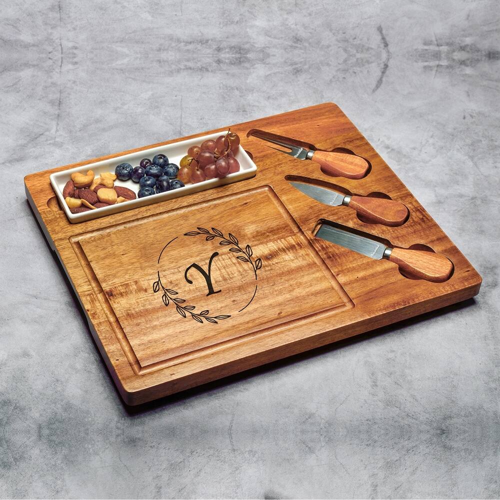 Picnic at Ascot Personalized Acacia Charcuterie Board Set with Ceramic tray & Cheese Tools