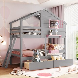 Playhouse-inspired Style Twin over Twin Bunk Bed with 2 Drawers, 1 Storage Box, 1 Shelf, Window and Roof-Gray