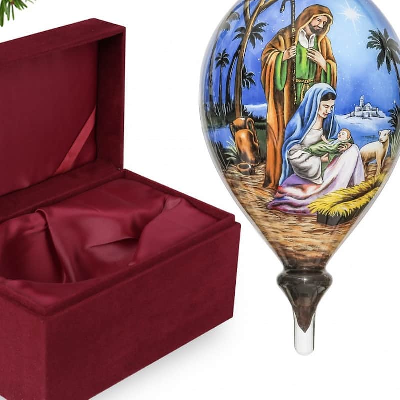 Holy Family Christmas Hand Painted Mouth Blown Glass Ornament - 6" x 3.35" x 3.35"