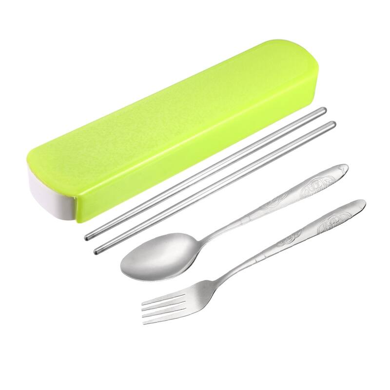3-in-1 Stainless Steel Fork Spoon Chopsticks Set Portable Utensils with Pen Box - Silver Tone, Green
