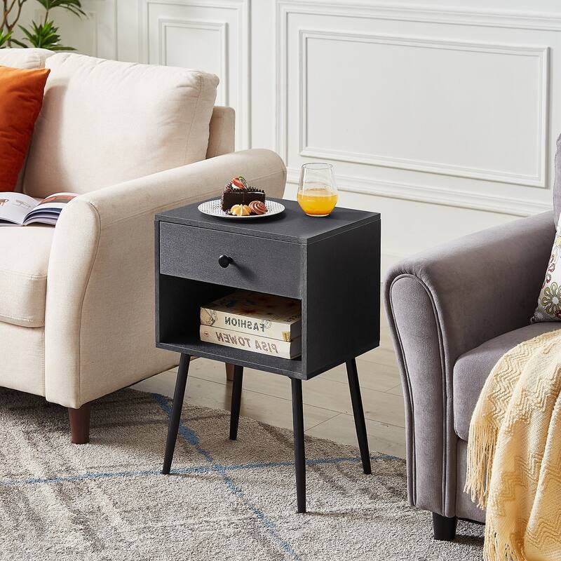 VECELO, (Set of 2) Modern 1-Drawer Brown/Grey Nightstand with Storage Shelf