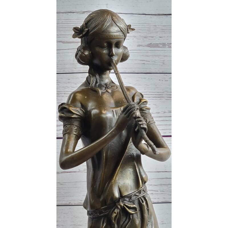 Girl Playing The Flute Female Musician Bronze Sculpture Statue Figure On Marble Base