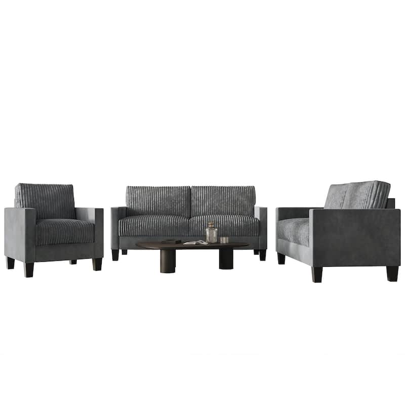 CraftPorch Corduroy Mid-Century Modern Velvet Upholstered 3-Piece Living Room Set - Grey