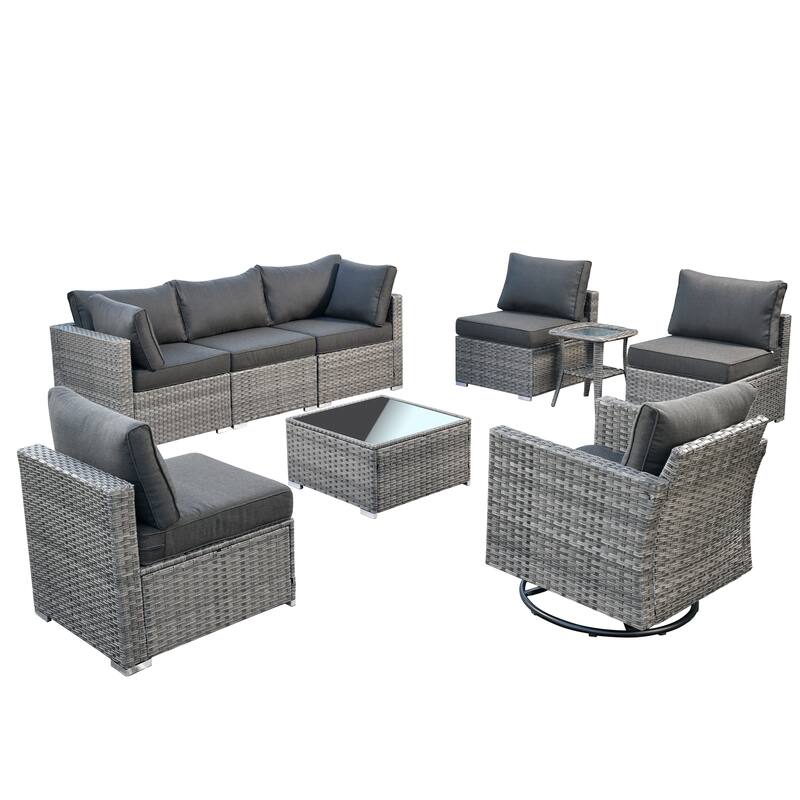 HOOOWOOO 9-piece Grey Wicker Patio Outdoor Sectional Set with Swivel Rocking Chair