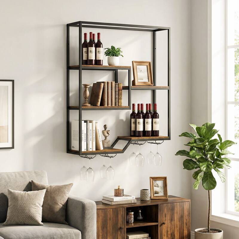 Gymax Wall Mounted Wine Rack 6-Tier Hanging Bar Shelf w/ Bottle