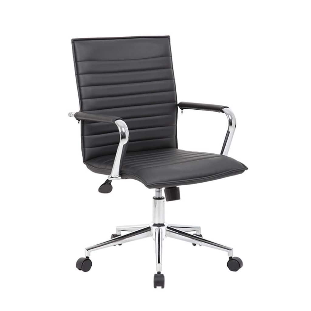 Kenny Commercial Grade Rolling Office Armchair, Chrome Arms, Black Vinyl