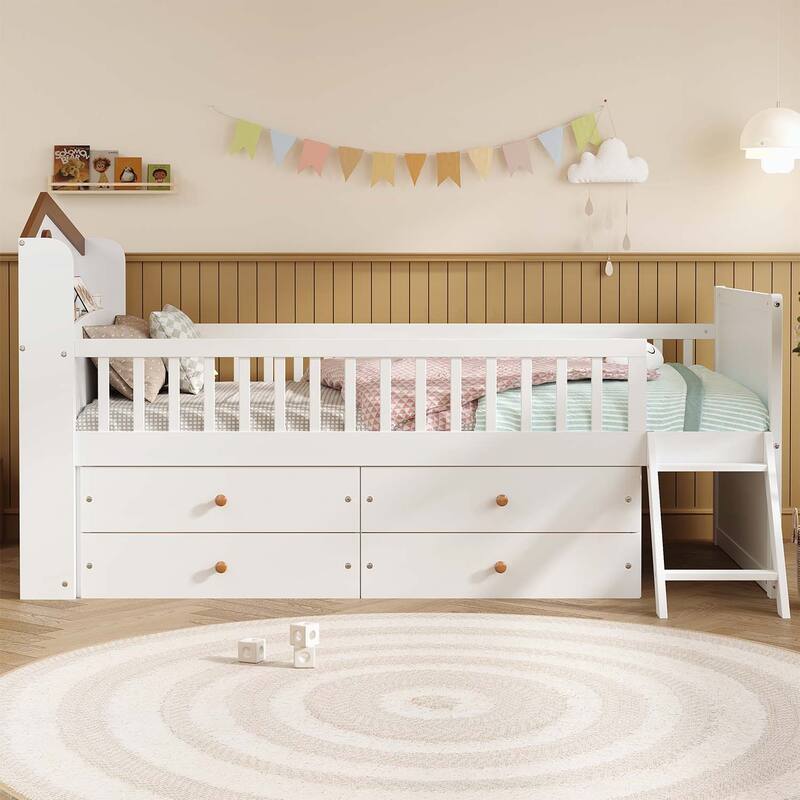 Twin Bed with Excellent Storage Facilities and Appealing Design - White