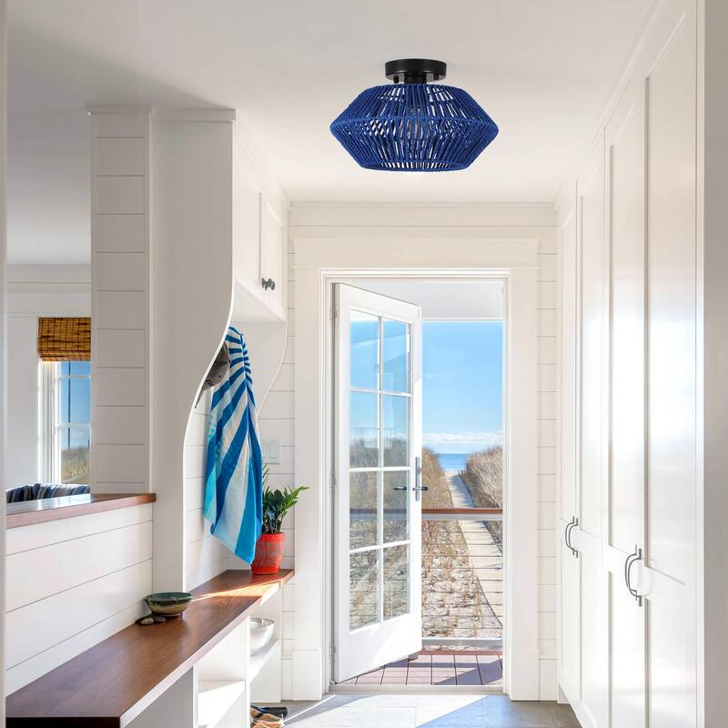 1-Light Farmhouse Style Classic Semi Flush Mount Chandelier, Hand-Woven Semi-Flush Mount Ceiling Light with Drum Shade