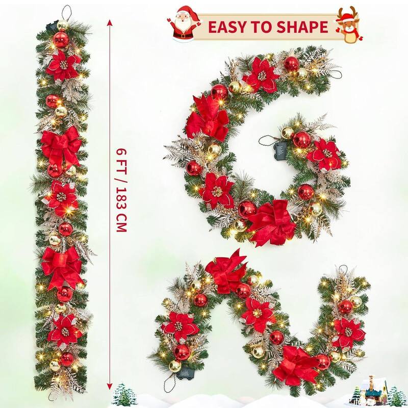 6ft Christmas Garland with Lights for Fireplace Stair Railing Holiday Decor - N/A